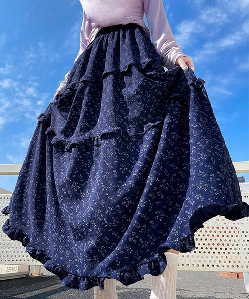 フリルティアード 小花柄 ロングスカート レディース ティアードスカート きれいめ 体型カバースカート着やせ 大人可愛い新作ハイウエストスカート 裏地付きスカート 98JLIY-001